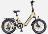 A folded Engwe L20 3.0 Boost Electric Bike with black tires, gold frame, and black saddle and handlebars.